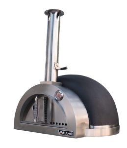 Modern pizza oven featuring a black cover, prominently displayed on a white background for a striking visual contrast.