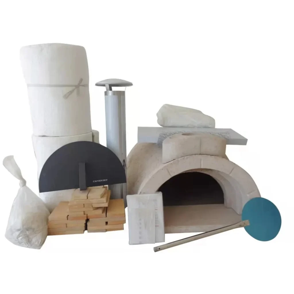 Wooden-lidded pizza oven accompanied by two wooden paddles, emphasizing a classic outdoor cooking experience.