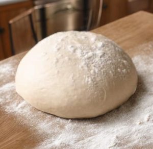 Freshly made dough ball sits on a flour-covered table, indicating the beginning stages of baking.