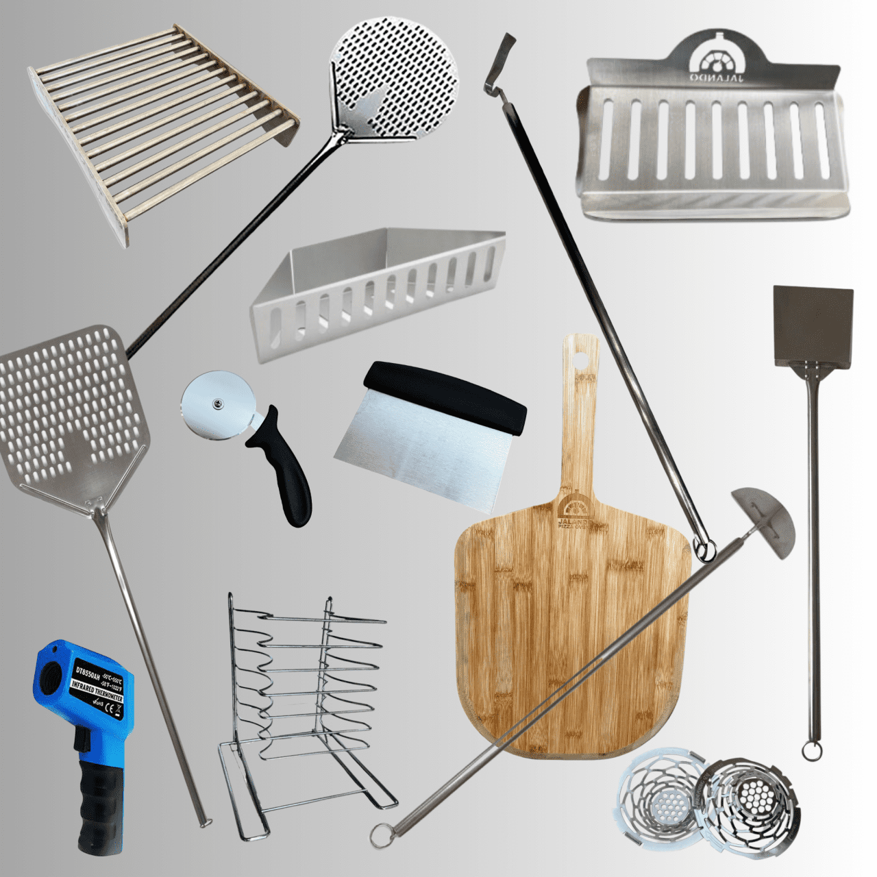Various grilling tools displayed, including a grill, spatula, tongs, and a cover, essential for outdoor cooking activities.